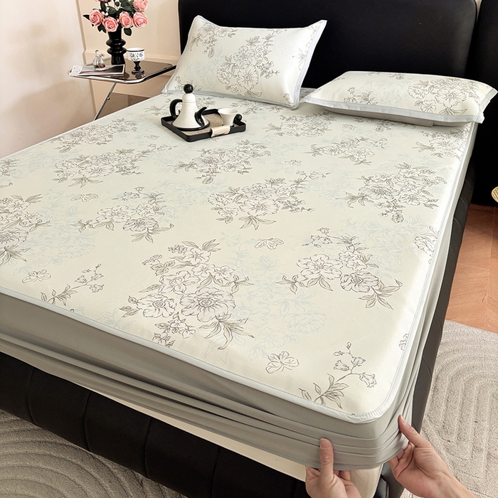 91家纺网 家纺一手货源 找家纺 绒艺席业 2025新款赫本风印花凉席席子系列床笠款 一杯清茶