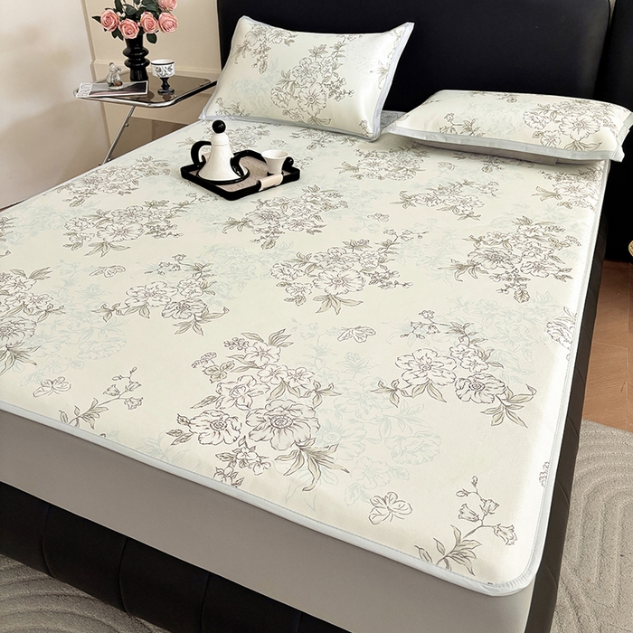 91家纺网 家纺一手货源 找家纺 绒艺席业 2025新款赫本风印花凉席席子系列床笠款 一杯清茶