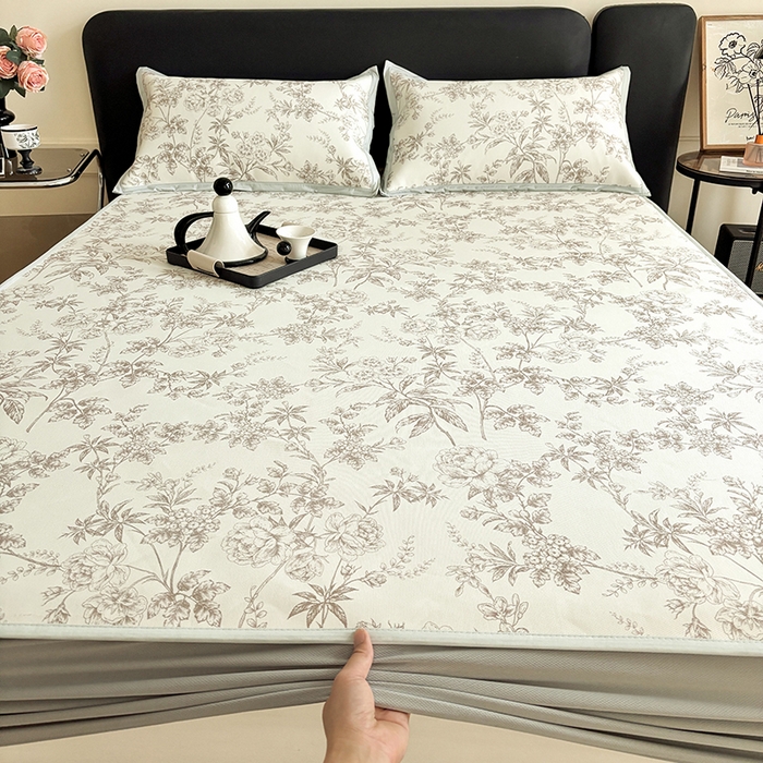 91家纺网 家纺一手货源 找家纺 绒艺席业 2025新款赫本风印花凉席席子系列床笠款 伊甸园