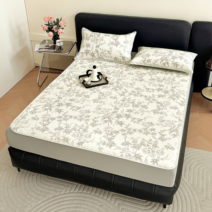 91家纺网 家纺一手货源 找家纺 绒艺席业 2025新款赫本风印花凉席席子系列床笠款 伊甸园