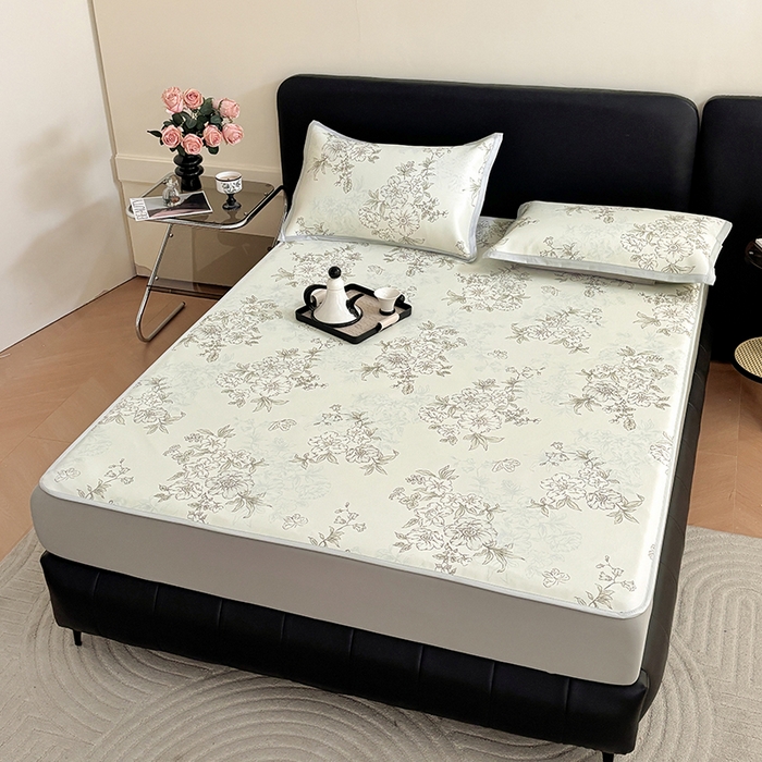 91家纺网 家纺一手货源 找家纺 绒艺席业 2025新款赫本风印花凉席席子系列床笠款 一杯清茶