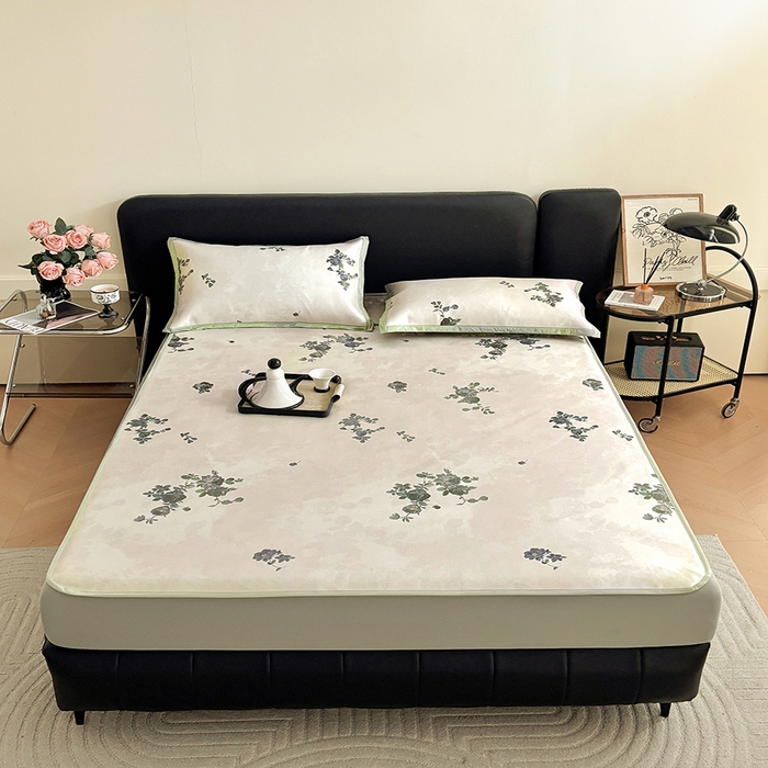 91家纺网 家纺一手货源 找家纺 绒艺席业 2025新款赫本风印花凉席席子系列床笠款 苑叶