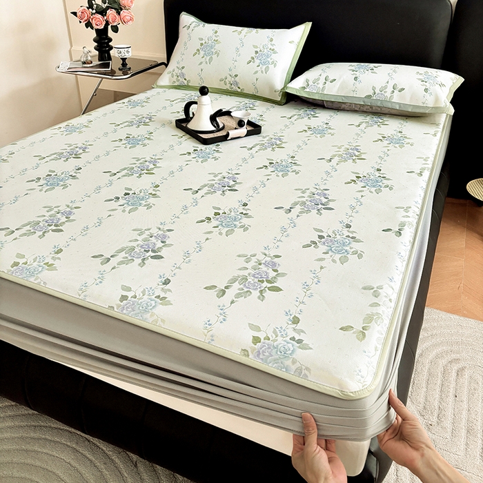 91家纺网 家纺一手货源 找家纺 绒艺席业 2025新款赫本风印花凉席席子系列床笠款 蔓野