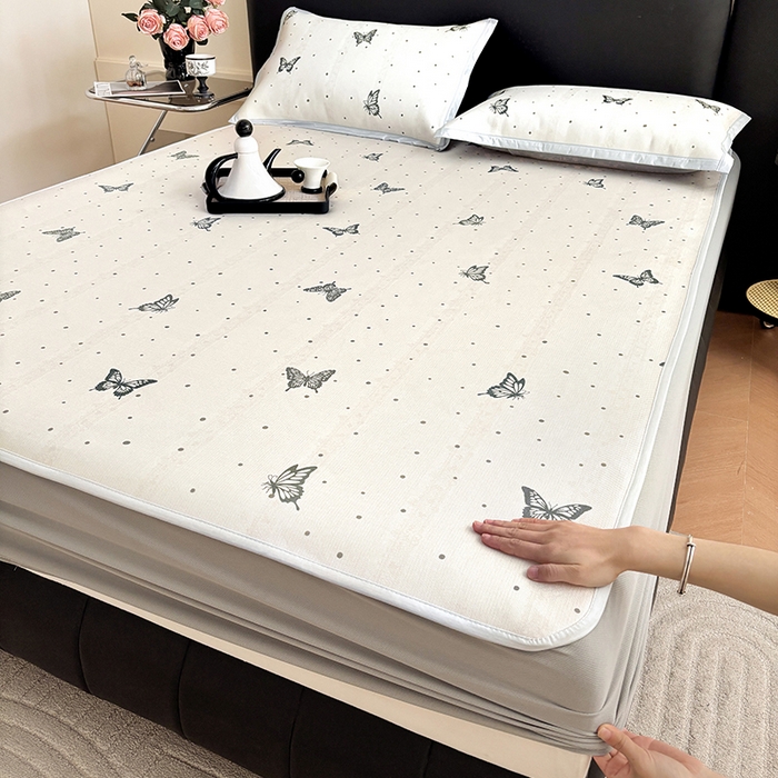 绒艺席业 2025新款赫本风印花凉席席子系列床笠款 翩翩蝴蝶