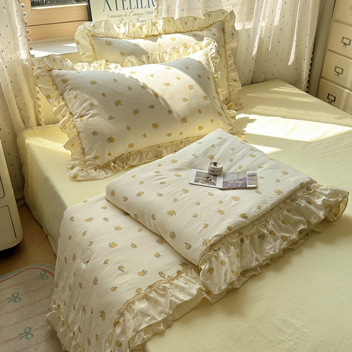 91家纺网 家纺一手货源 找家纺 轻奢坊 2025新款水洗棉密拷花边夏被夏凉被空调被四件套 柠檬