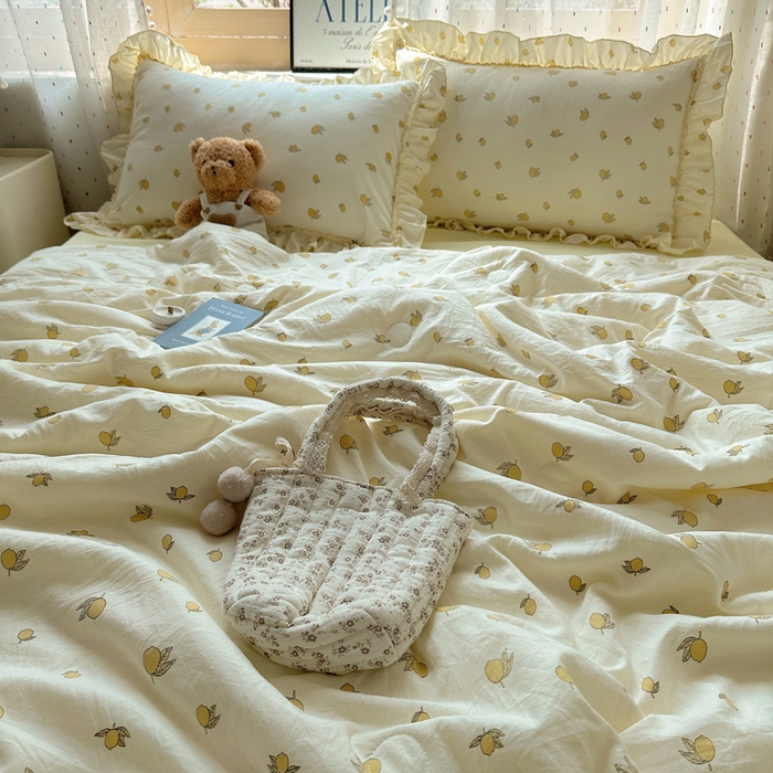 91家纺网 家纺一手货源 找家纺 轻奢坊 2025新款水洗棉密拷花边夏被夏凉被空调被四件套 柠檬