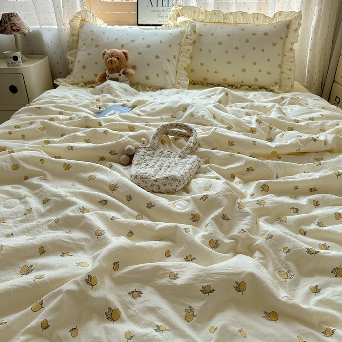 91家纺网 家纺一手货源 找家纺 轻奢坊 2025新款水洗棉密拷花边夏被夏凉被空调被四件套 柠檬