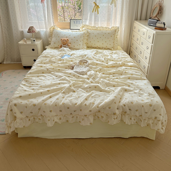 91家纺网 家纺一手货源 找家纺 轻奢坊 2025新款水洗棉密拷花边夏被夏凉被空调被四件套 柠檬