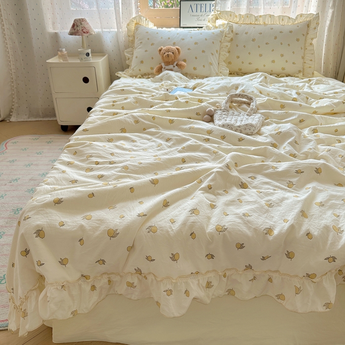 91家纺网 家纺一手货源 找家纺 轻奢坊 2025新款水洗棉密拷花边夏被夏凉被空调被四件套 柠檬