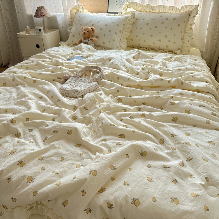 91家纺网 家纺一手货源 找家纺 轻奢坊 2025新款水洗棉密拷花边夏被夏凉被空调被四件套 柠檬