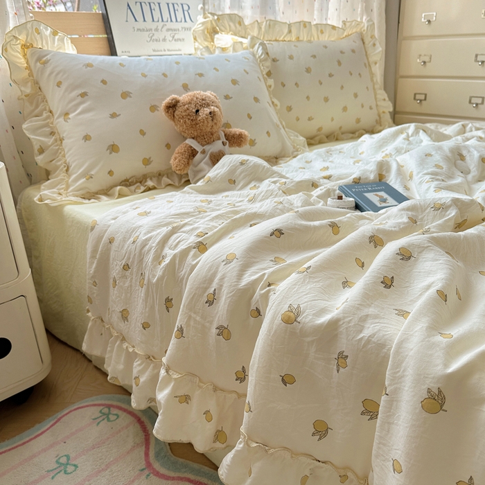 91家纺网 家纺一手货源 找家纺 轻奢坊 2025新款水洗棉密拷花边夏被夏凉被空调被四件套 柠檬