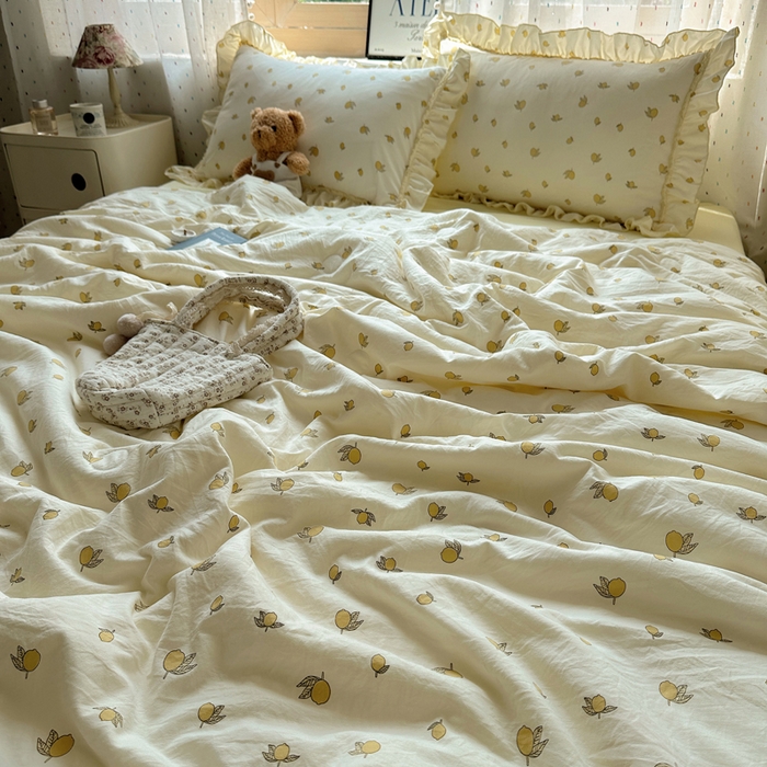 91家纺网 家纺一手货源 找家纺 轻奢坊 2025新款水洗棉密拷花边夏被夏凉被空调被四件套 柠檬