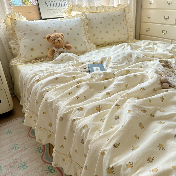 91家纺网 家纺一手货源 找家纺 轻奢坊 2025新款水洗棉密拷花边夏被夏凉被空调被四件套 柠檬