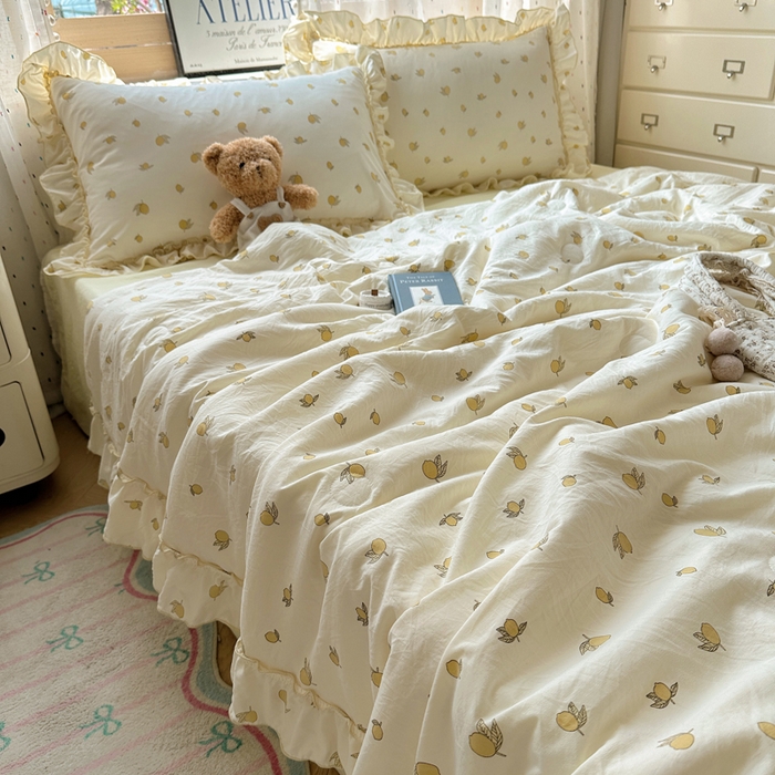 91家纺网 家纺一手货源 找家纺 轻奢坊 2025新款水洗棉密拷花边夏被夏凉被空调被四件套 柠檬