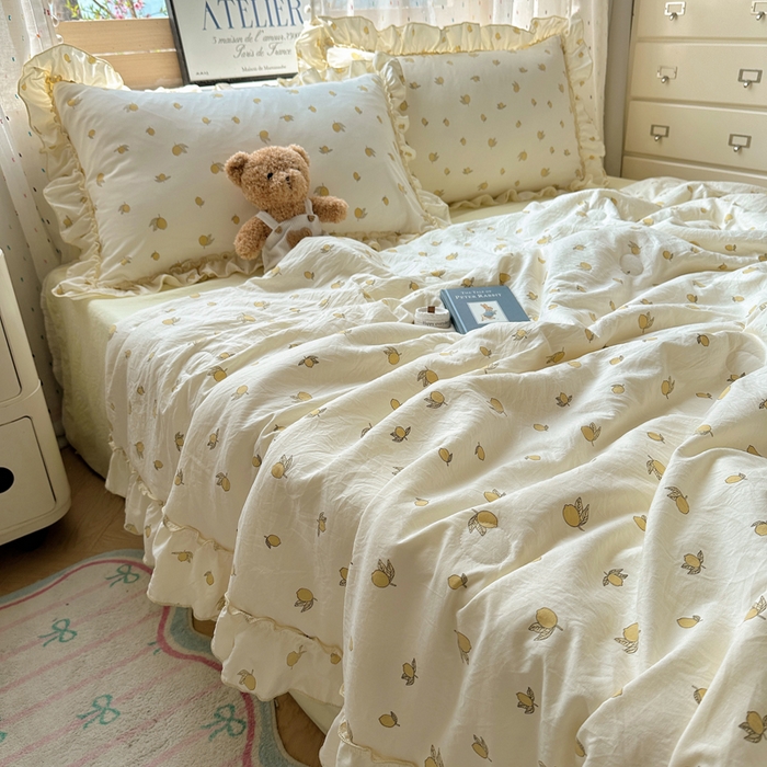 91家纺网 家纺一手货源 找家纺 轻奢坊 2025新款水洗棉密拷花边夏被夏凉被空调被四件套 柠檬