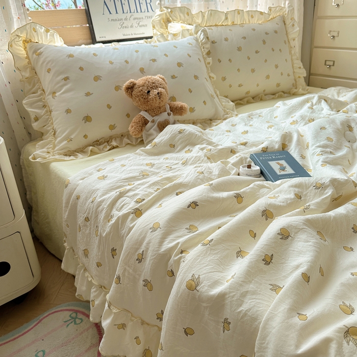 91家纺网 家纺一手货源 找家纺 轻奢坊 2025新款水洗棉密拷花边夏被夏凉被空调被四件套 柠檬