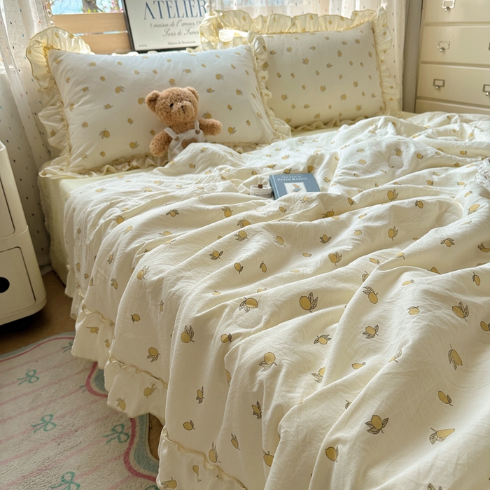 91家纺网 家纺一手货源 找家纺 轻奢坊 2025新款水洗棉密拷花边夏被夏凉被空调被四件套 柠檬