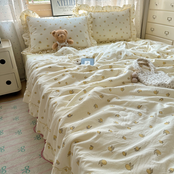 91家纺网 家纺一手货源 找家纺 轻奢坊 2025新款水洗棉密拷花边夏被夏凉被空调被四件套 柠檬