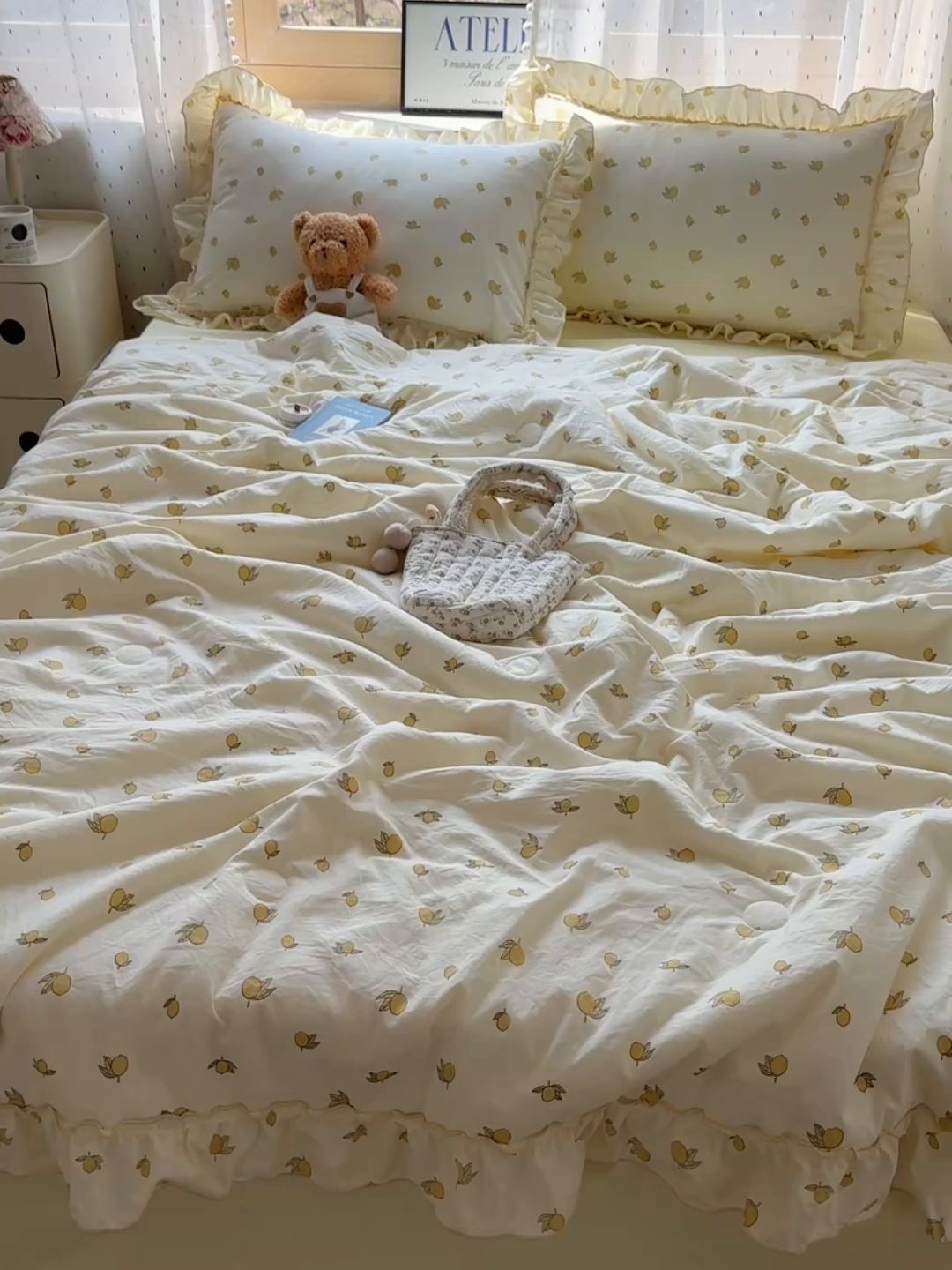 91家纺网 家纺一手货源 找家纺 轻奢坊 2025新款水洗棉密拷花边夏被夏凉被空调被四件套 柠檬