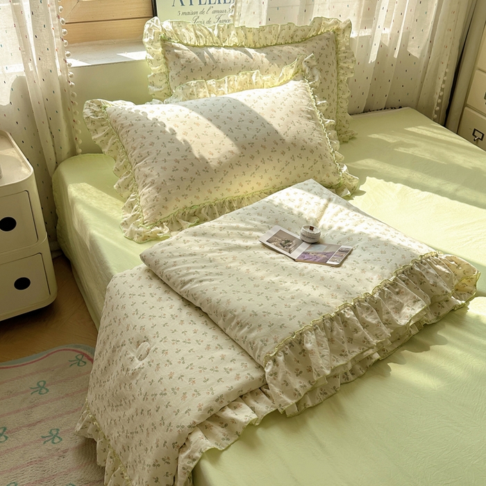 91家纺网 家纺一手货源 找家纺 轻奢坊 2025新款水洗棉密拷花边夏被夏凉被空调被四件套 清然