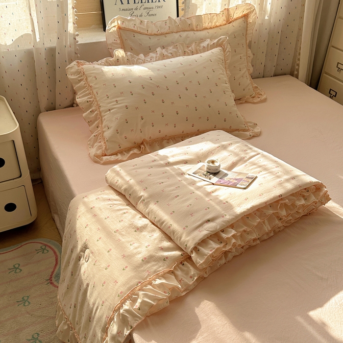 91家纺网 家纺一手货源 找家纺 轻奢坊 2025新款水洗棉密拷花边夏被夏凉被空调被四件套 小粉花