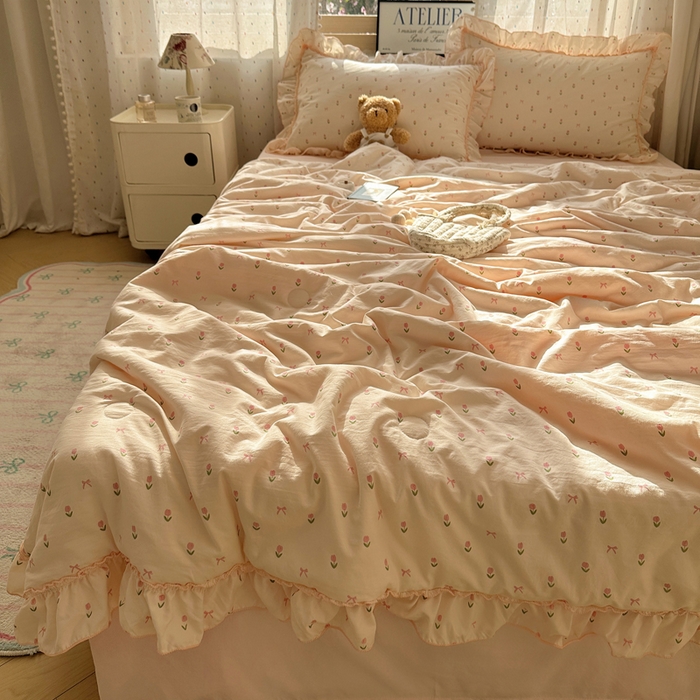 91家纺网 家纺一手货源 找家纺 轻奢坊 2025新款水洗棉密拷花边夏被夏凉被空调被四件套 小粉花