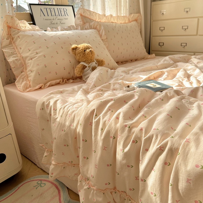 91家纺网 家纺一手货源 找家纺 轻奢坊 2025新款水洗棉密拷花边夏被夏凉被空调被四件套 小粉花