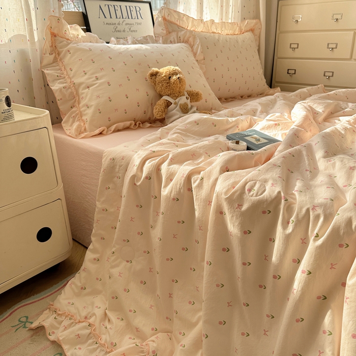 91家纺网 家纺一手货源 找家纺 轻奢坊 2025新款水洗棉密拷花边夏被夏凉被空调被四件套 小粉花