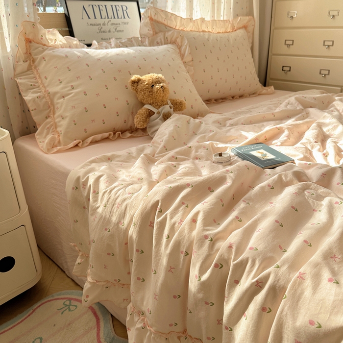 91家纺网 家纺一手货源 找家纺 轻奢坊 2025新款水洗棉密拷花边夏被夏凉被空调被四件套 小粉花