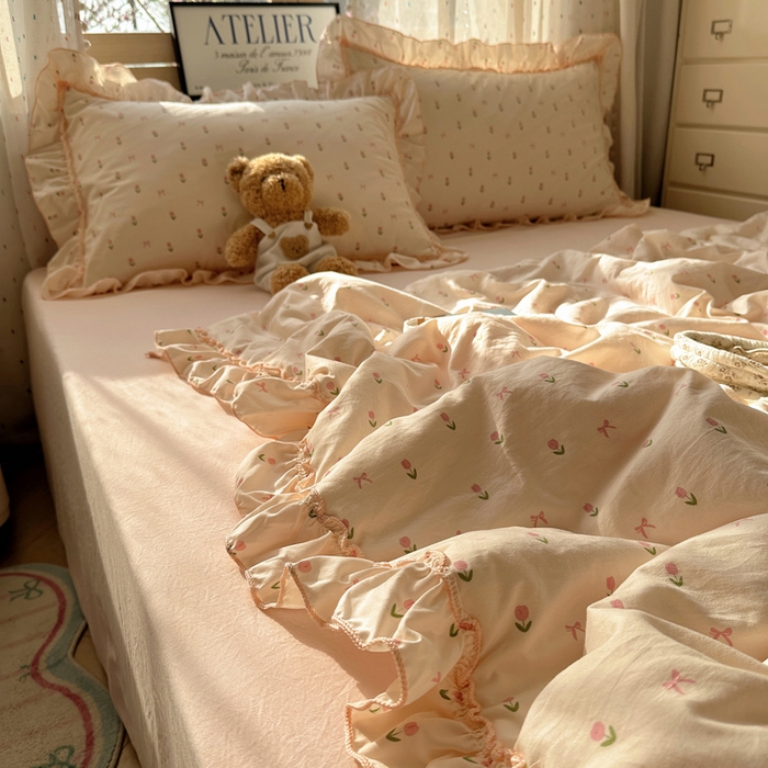 91家纺网 家纺一手货源 找家纺 轻奢坊 2025新款水洗棉密拷花边夏被夏凉被空调被四件套 小粉花