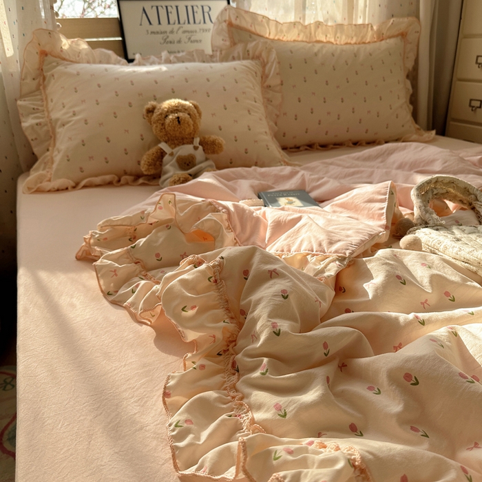 91家纺网 家纺一手货源 找家纺 轻奢坊 2025新款水洗棉密拷花边夏被夏凉被空调被四件套 小粉花