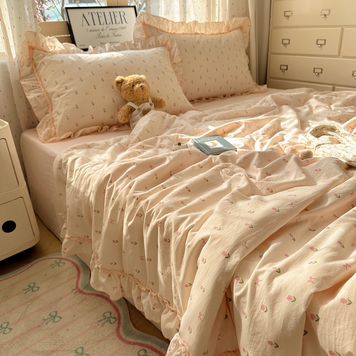 91家纺网 家纺一手货源 找家纺 轻奢坊 2025新款水洗棉密拷花边夏被夏凉被空调被四件套 小粉花