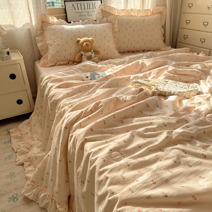 91家纺网 家纺一手货源 找家纺 轻奢坊 2025新款水洗棉密拷花边夏被夏凉被空调被四件套 小粉花