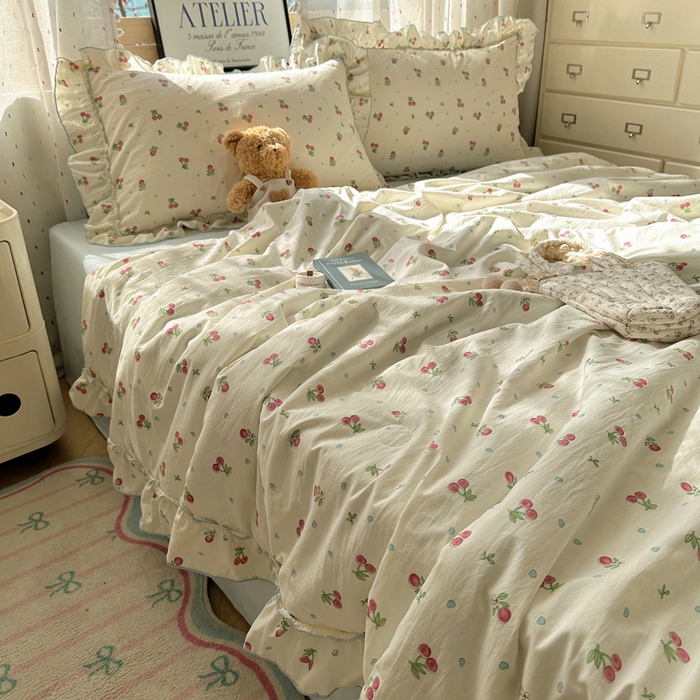 91家纺网 家纺一手货源 找家纺 轻奢坊 2025新款水洗棉密拷花边夏被夏凉被空调被四件套 小樱桃