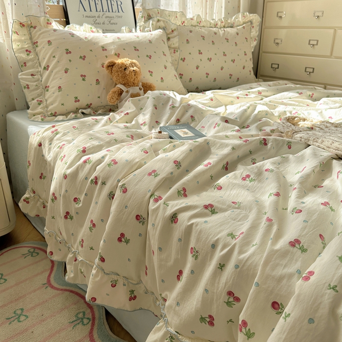 91家纺网 家纺一手货源 找家纺 轻奢坊 2025新款水洗棉密拷花边夏被夏凉被空调被四件套 小樱桃