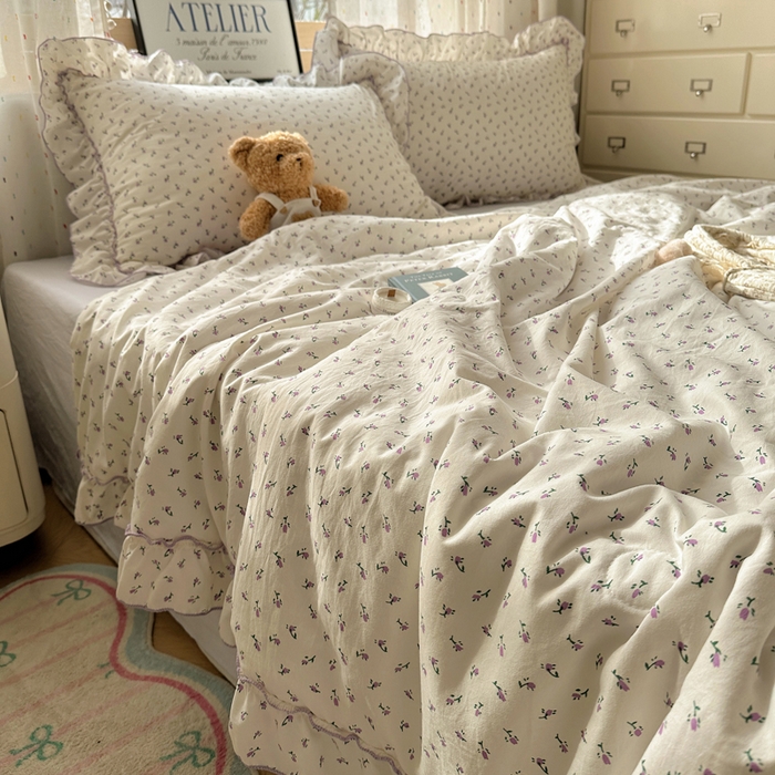 91家纺网 家纺一手货源 找家纺 轻奢坊 2025新款水洗棉密拷花边夏被夏凉被空调被四件套 紫米