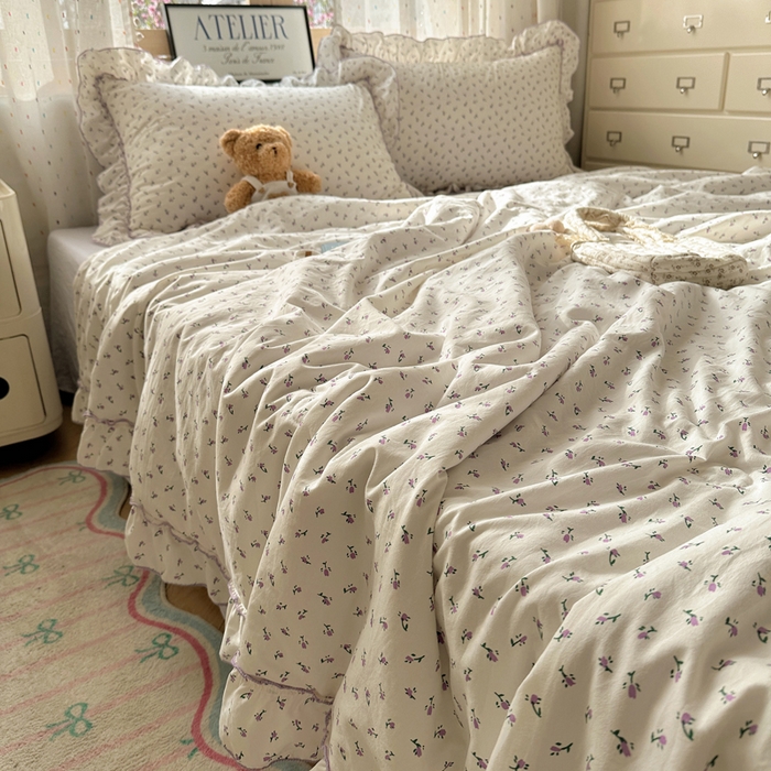 91家纺网 家纺一手货源 找家纺 轻奢坊 2025新款水洗棉密拷花边夏被夏凉被空调被四件套 紫米