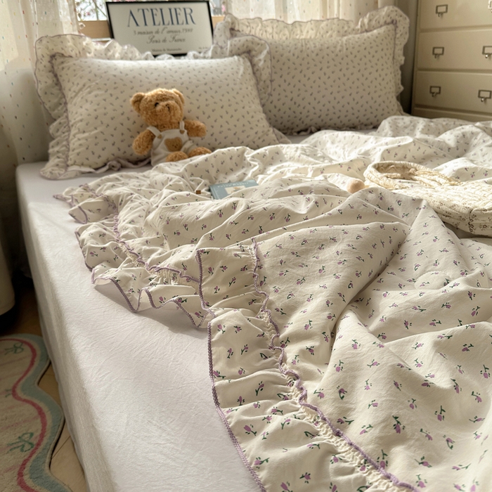 91家纺网 家纺一手货源 找家纺 轻奢坊 2025新款水洗棉密拷花边夏被夏凉被空调被四件套 紫米