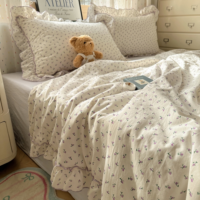 91家纺网 家纺一手货源 找家纺 轻奢坊 2025新款水洗棉密拷花边夏被夏凉被空调被四件套 紫米