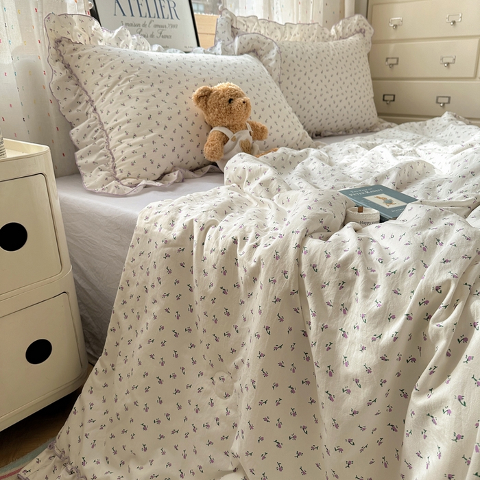 91家纺网 家纺一手货源 找家纺 轻奢坊 2025新款水洗棉密拷花边夏被夏凉被空调被四件套 紫米