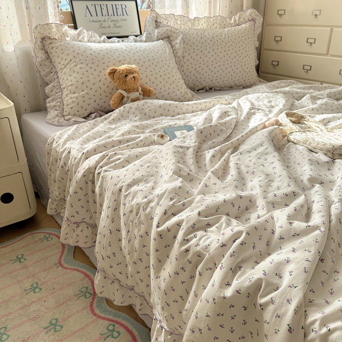 91家纺网 家纺一手货源 找家纺 轻奢坊 2025新款水洗棉密拷花边夏被夏凉被空调被四件套 紫米