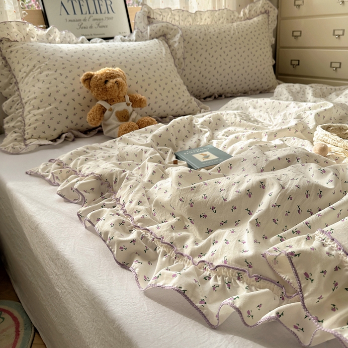 91家纺网 家纺一手货源 找家纺 轻奢坊 2025新款水洗棉密拷花边夏被夏凉被空调被四件套 紫米