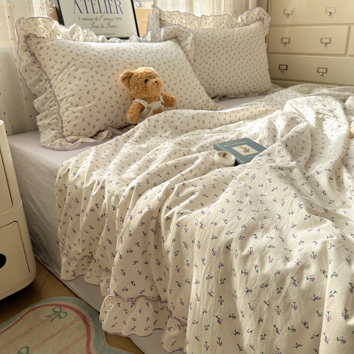 91家纺网 家纺一手货源 找家纺 轻奢坊 2025新款水洗棉密拷花边夏被夏凉被空调被四件套 紫米