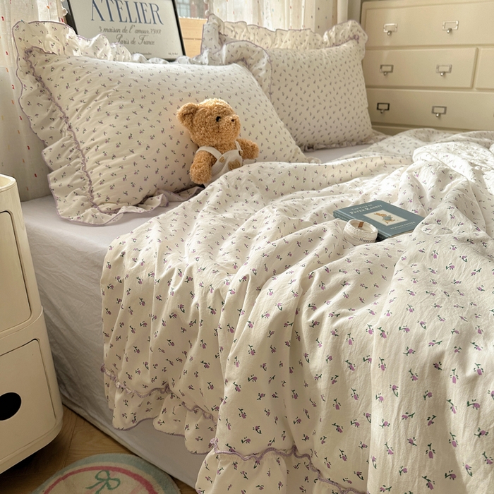 91家纺网 家纺一手货源 找家纺 轻奢坊 2025新款水洗棉密拷花边夏被夏凉被空调被四件套 紫米