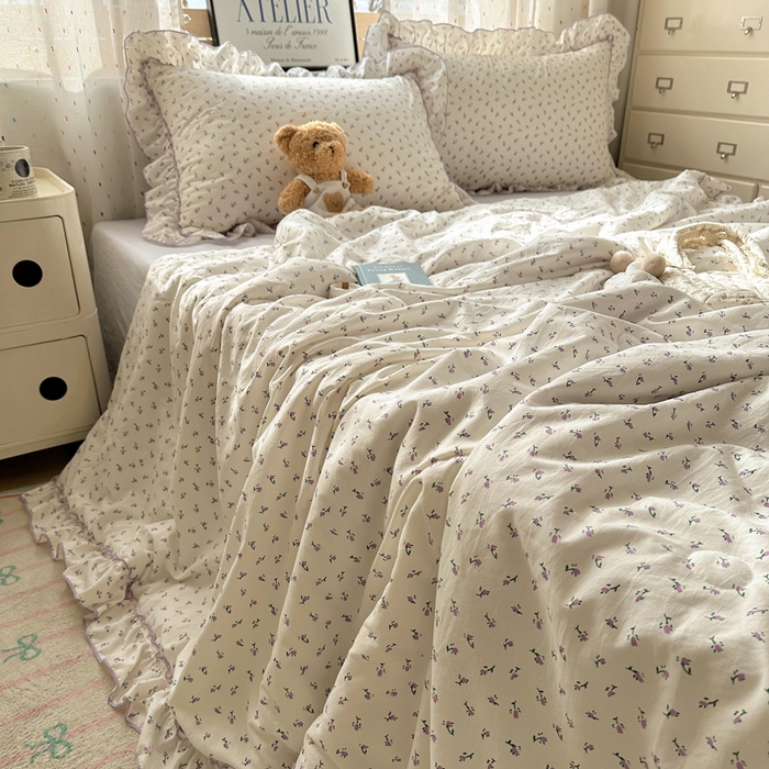 91家纺网 家纺一手货源 找家纺 轻奢坊 2025新款水洗棉密拷花边夏被夏凉被空调被四件套 紫米