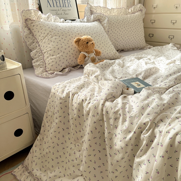 91家纺网 家纺一手货源 找家纺 轻奢坊 2025新款水洗棉密拷花边夏被夏凉被空调被四件套 紫米