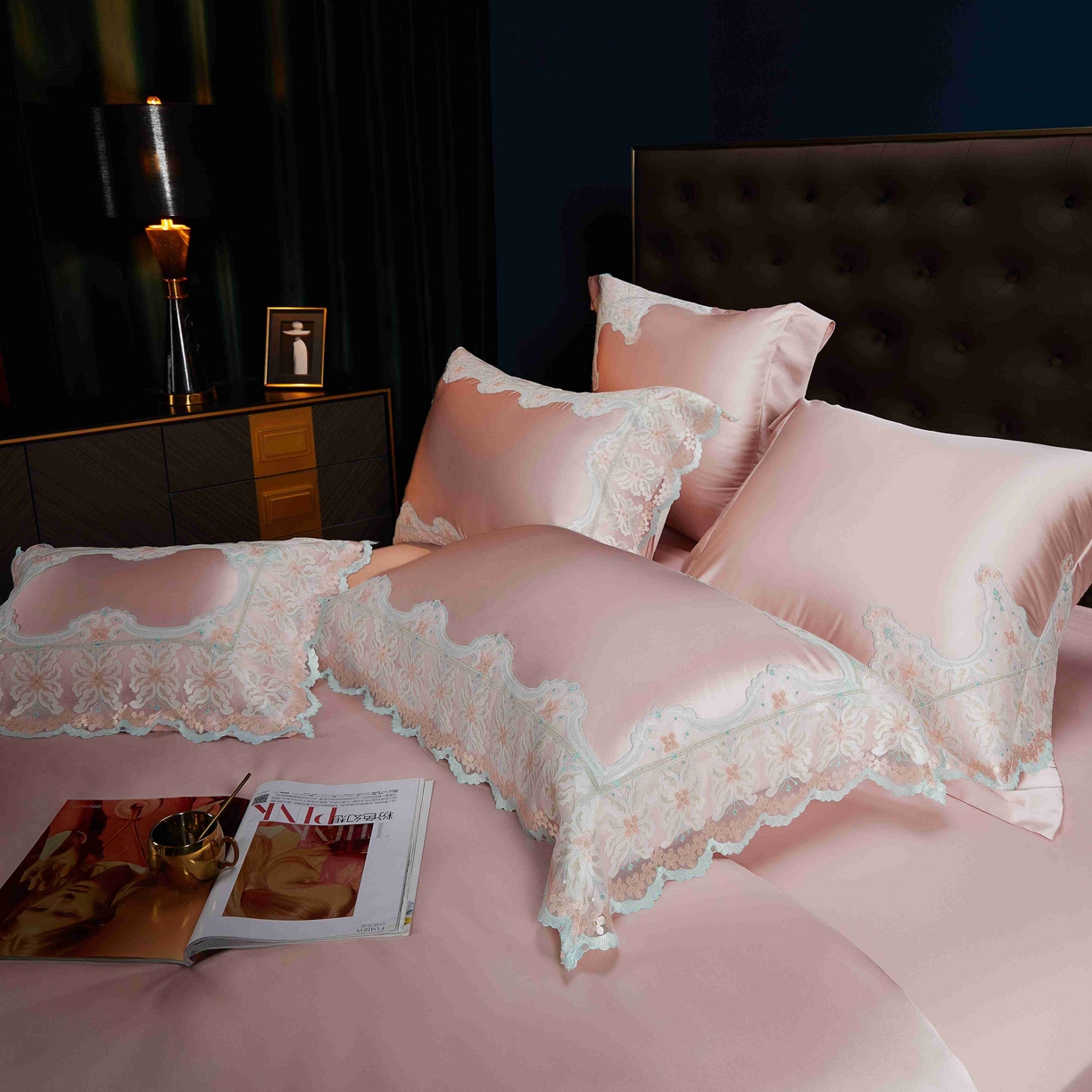 91家纺网 家纺一手货源 找家纺 缔缦 2025新款高端居家轻奢系列AB版真丝棉长绒棉梦幻兰馨 粉四件套