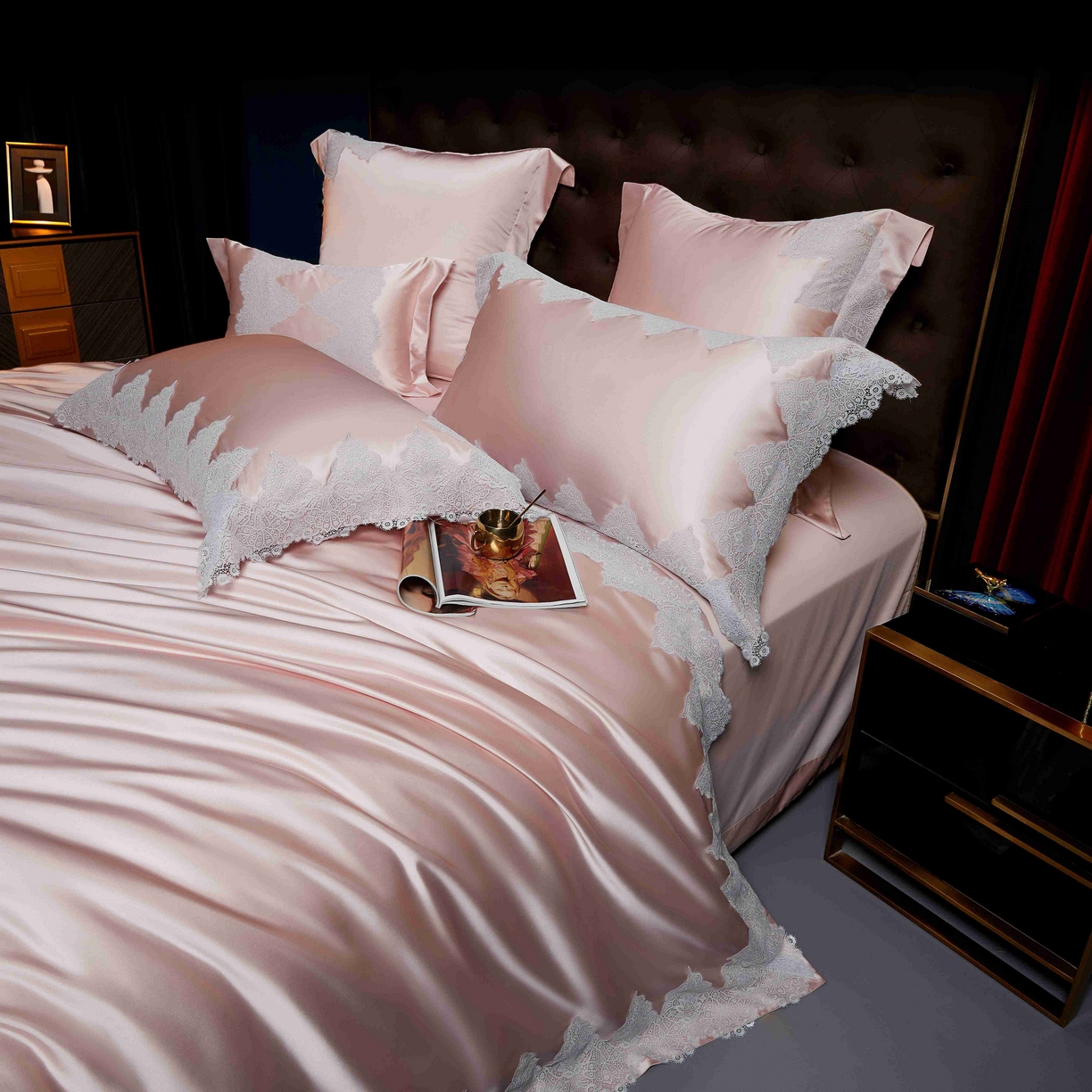 91家纺网 家纺一手货源 找家纺 缔缦 2025新款高端居家轻奢系列AB版真丝棉长绒棉维蜜之恋 粉四件套