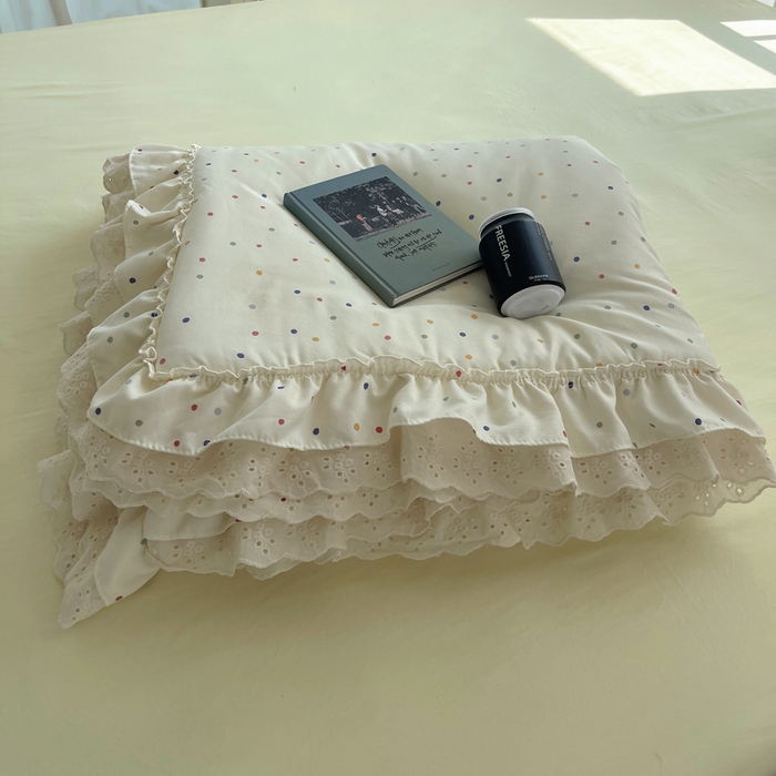 91家纺网 家纺一手货源 找家纺 轻奢坊 2025新款水洗棉双层纱双层花边夏被夏凉被空调被四件套 夏被-波点