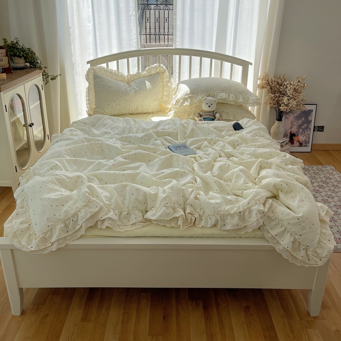 91家纺网 家纺一手货源 找家纺 轻奢坊 2025新款水洗棉双层纱双层花边夏被夏凉被空调被四件套 夏被-波点